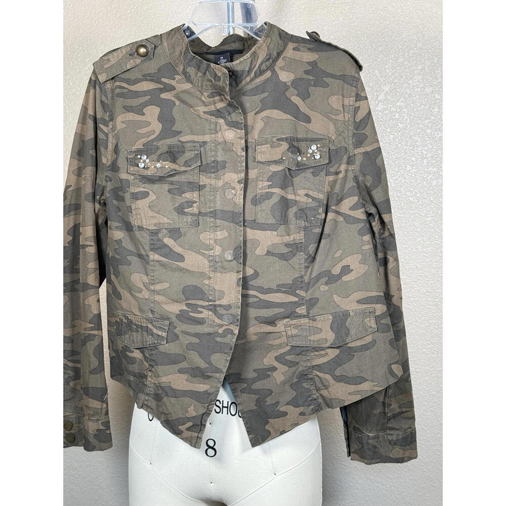 Lane Bryant Multi Pocket Jacket Sz 20 Camo Zip Snap Lightweight Rhinestone Skull